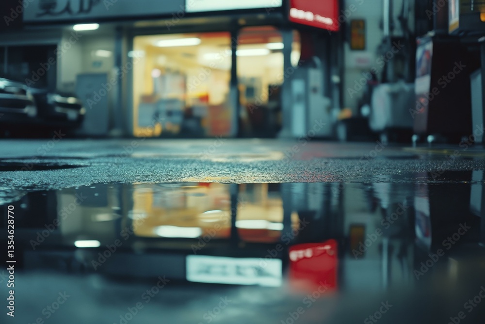 Wet Pavement Reflects Storefront at Night, Moody Urban Street with Dark Car Wet Pavement Reflects Storefront at Night, Moody Urban Street with Dark Car