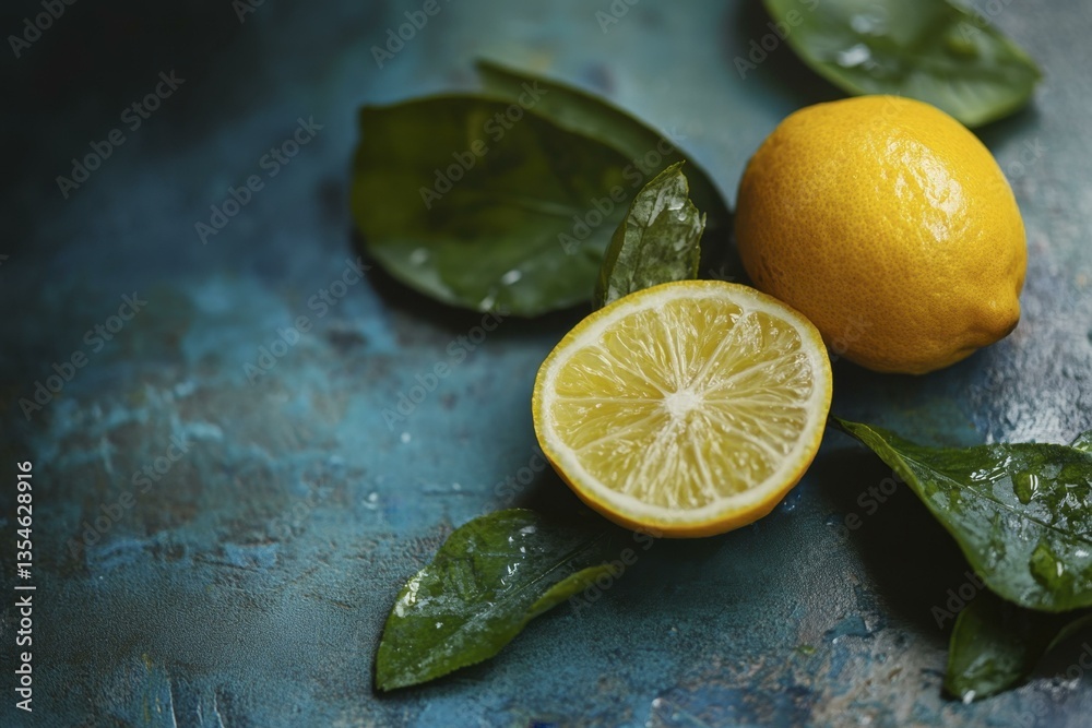 Fresh Lemons, Cut Citrus Half with Green Leaves on Blue Textured Surface Fresh Lemons, Cut Citrus Half with Green Leaves on Blue Textured Surface