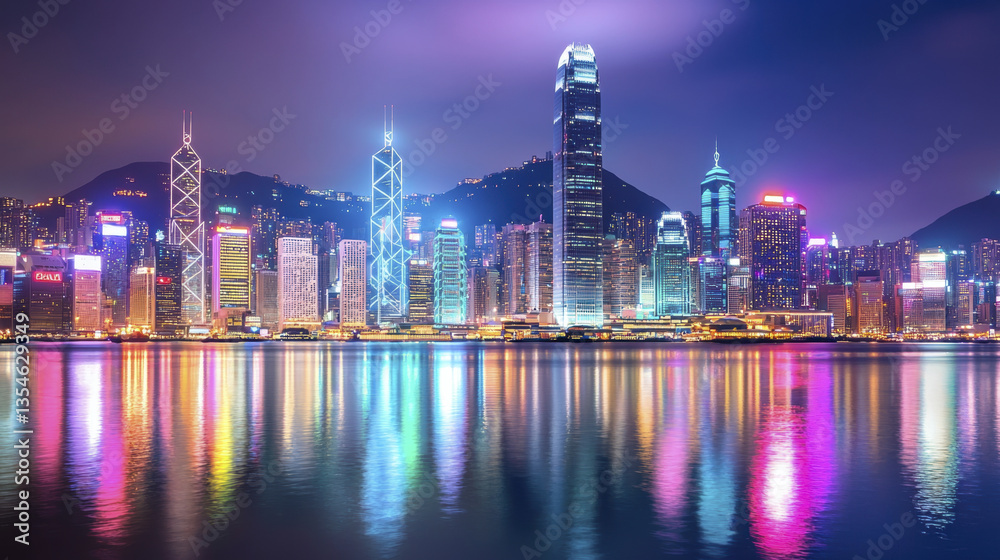 Fototapeta premium stunning city skyline at night, showcasing vibrant lights reflecting on water