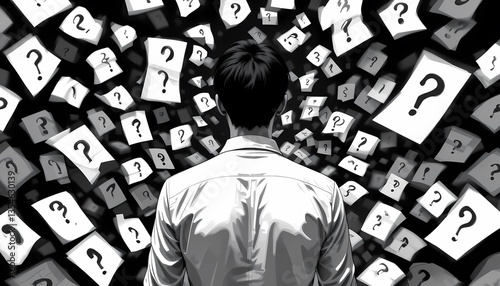 Man Surrounded by Question Marks, Uncertainty, confusion, decision making concept