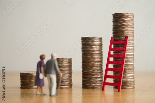 Foto Old senior couple person standing looking at growth stack coins graph chart and red ladder