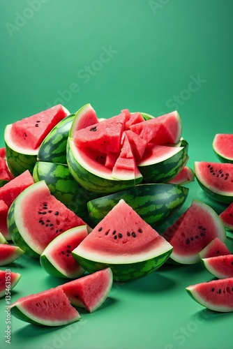 Group Of Brightly Sliced Watermelon Wedges On Green Background: Summer Freshness In Every Bite