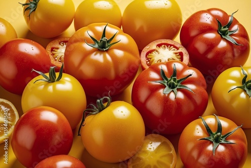 Group Of Yellow, Red, And Orange Tomatoes On Bright Yellow Background: A Symphony Of Color And Flavor