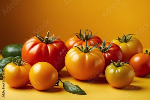 Group Of Yellow, Red, And Orange Tomatoes On Bright Yellow Background: A Symphony Of Color And Flavor