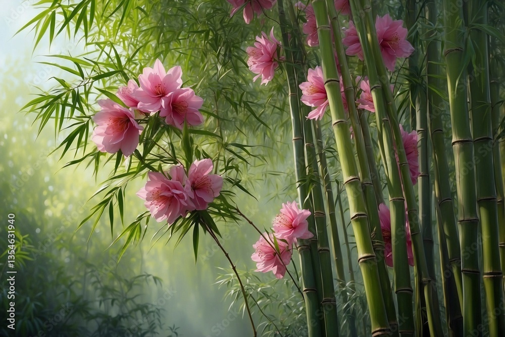 Painting Depicting Bamboo Tree With Pink Flowers: Dreamy Atmosphere And Soft Shadow