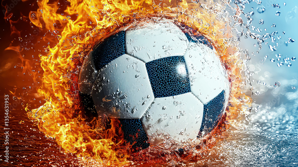 Naklejka premium Fiery Soccer Ball: A Dynamic Water and Fire Sports Image