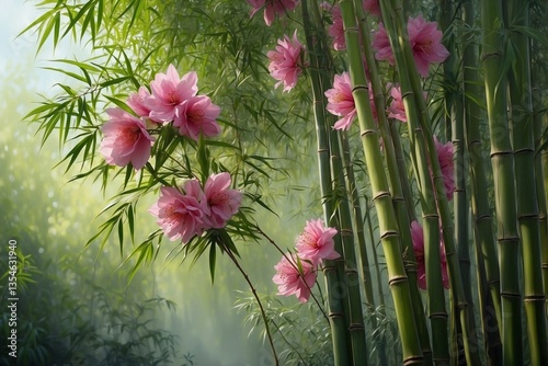 Obraz na płótnie Painting Depicting Bamboo Tree With Pink Flowers: Dreamy Atmosphere And Soft Shadow w salonie