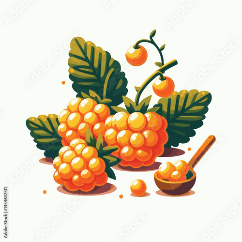 berry, cloudberry, food, natural, nature, healthy, fresh, background, organic, isolated, ripe, juicy, fruit, summer, illustration, orange, green, sweet, vitamin, leaf, nordic, plant, red, forest, tast