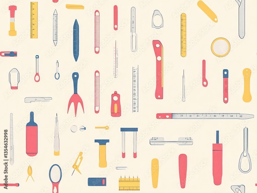 Flat Design Vector Pattern Of Various Precision Tools Arranged On Beige Background With Textured Effect