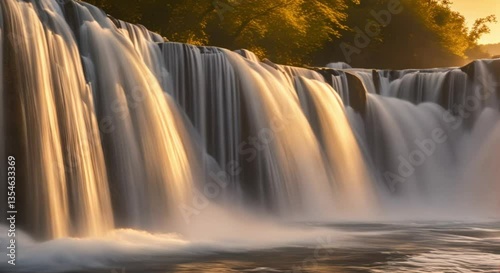 A UHD cinematic shot of a waterfall at sunset. The golden hues of the sun reflect off the cascading water, creating a dreamlike effect.