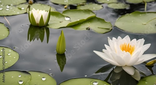 The video starts with dark clouds rolling in over a peaceful garden pond. Raindrops begin to fall, creating mesmerizing ripples and reflections of trees and lanterns. A close-up shows lily pads.