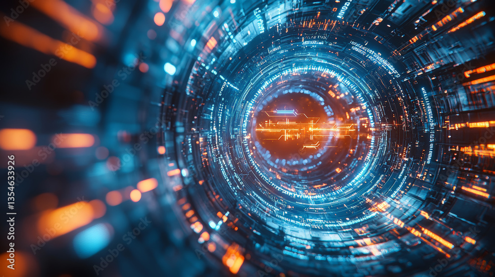 A visually striking circular futuristic tech background featuring glowing blue and orange lights. Generative AI A visually striking circular futuristic tech background featuring glowing blue and orange lights. Generative AI