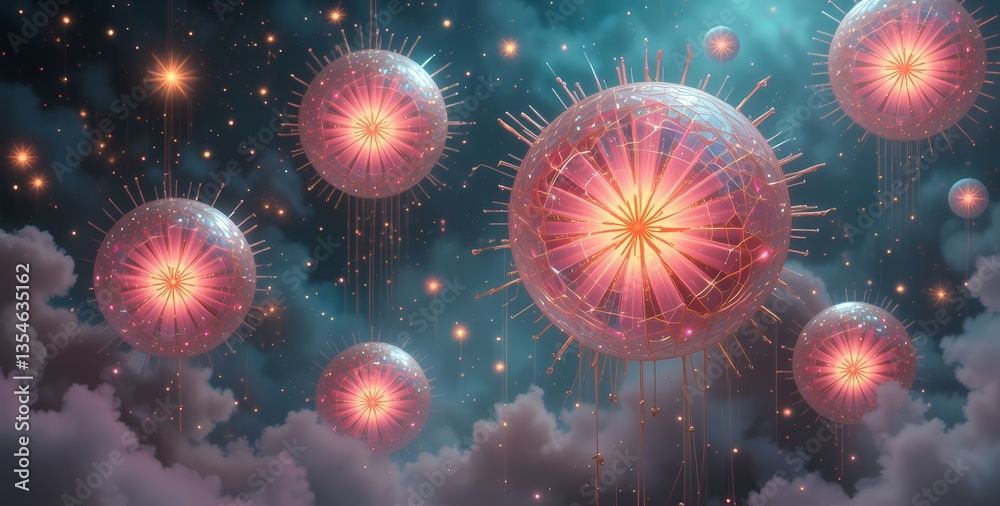 Obraz premium Glowing Celestial Orbs in Nebula, Futuristic space scene with glowing orbs and nebula clouds.