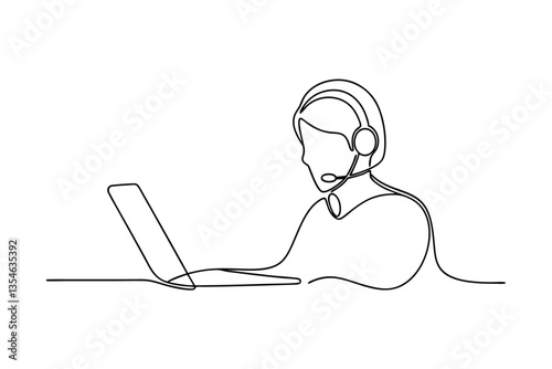 Oneline Drawing Customer Service Agent Using Laptop Headset Support