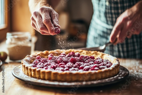 Hands Sprinkling Sugar Over Fresh Raspberry Tart in Rustic Kitchen
