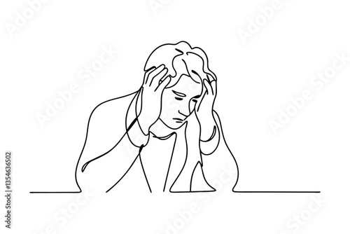 Singleline drawing of stressed man, headache, anxiety, despair, worry