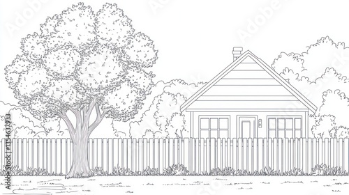 Sketch of a small house and tree near a fence. Illustration for coloring book or design