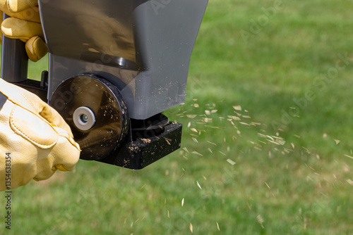 Planting grass seed with handheld spreader. Lawncare, lawn and yard maintenance concept.