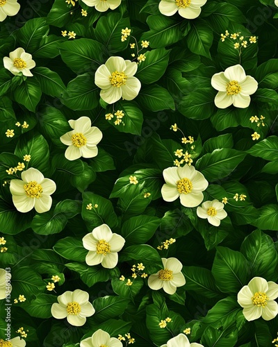 Springtime Pattern Sets Nature-Inspired Decorative Elements, Vibrant floral pattern featuring delicate yellow flowers and lush leaves.