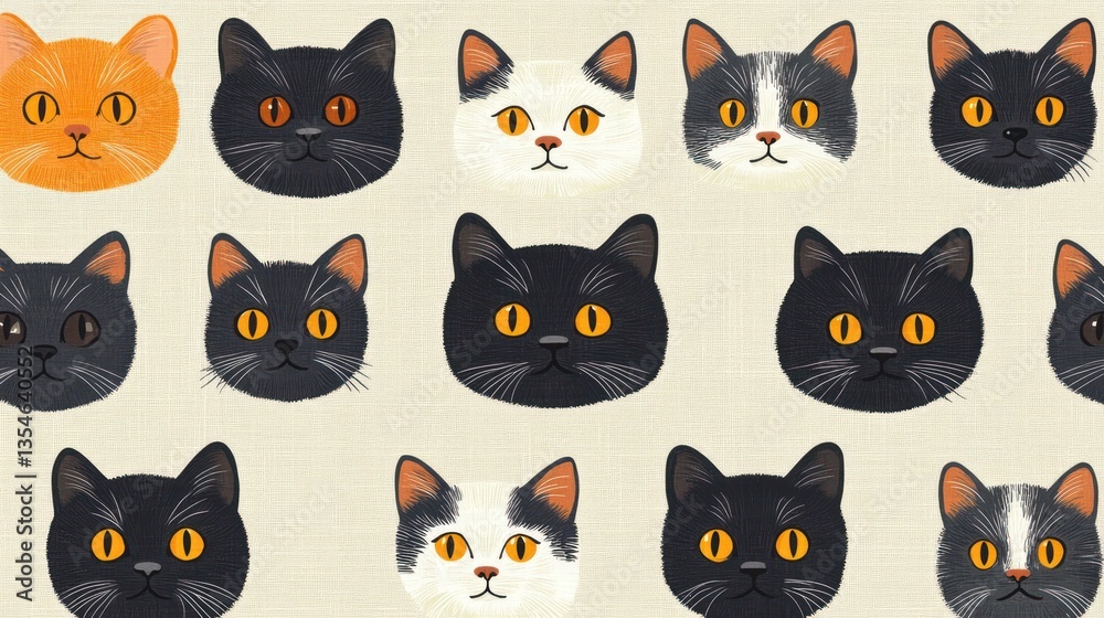 Cute cat faces in a repeating pattern. Cute cat faces in a repeating pattern.