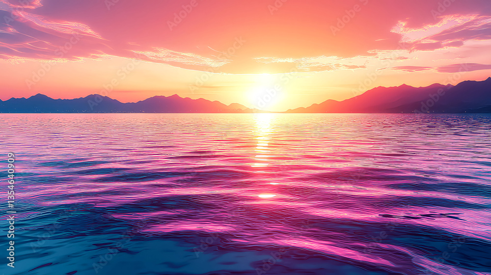 Fototapeta premium Majestic Sunset over the Ocean: Vibrant Colors and Serene Mountains