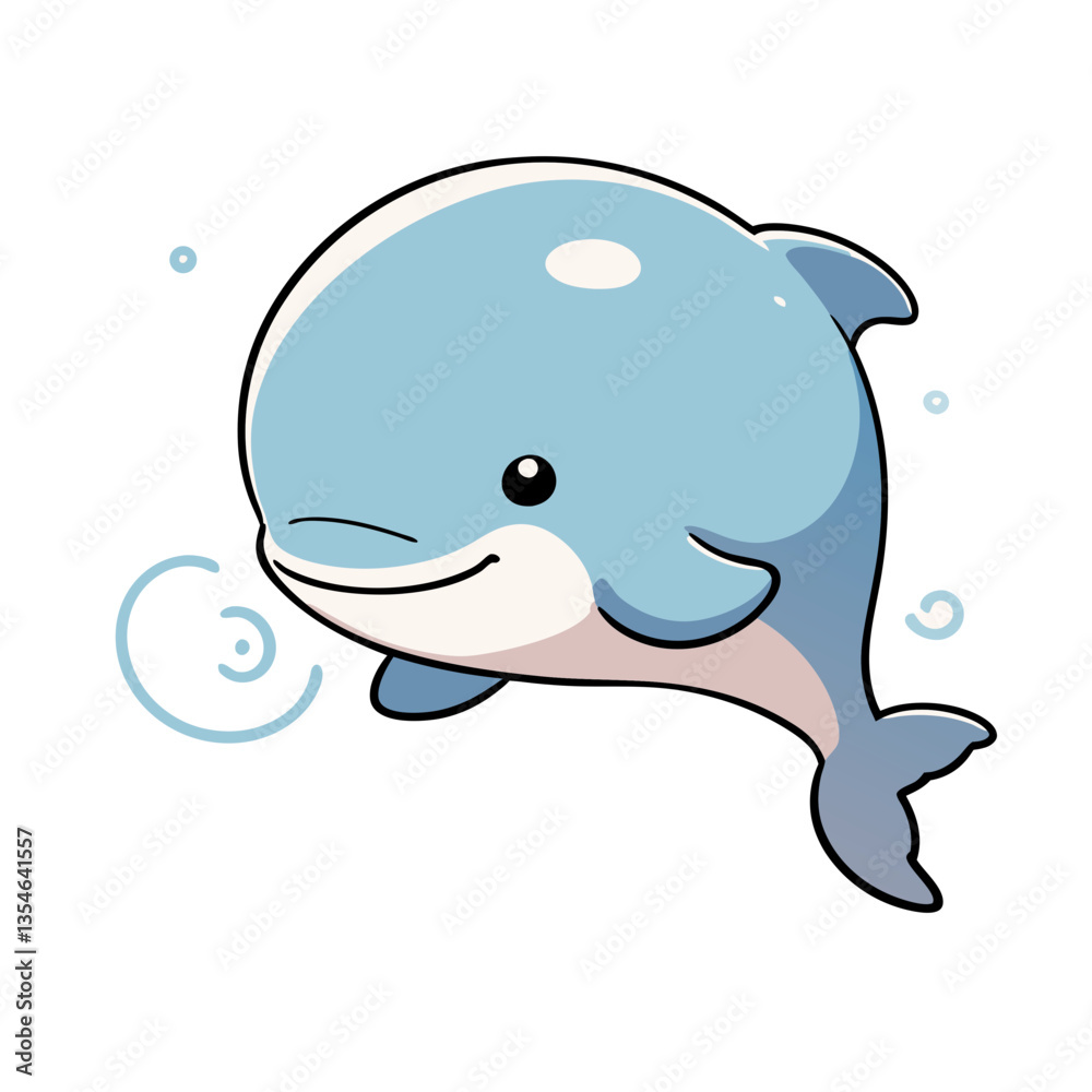 Cute cartoon dolphin swimming with bubbles in a blue ocean Cute cartoon dolphin swimming with bubbles in a blue ocean