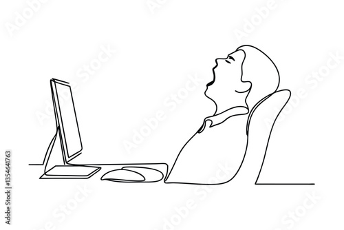 Tired Office Worker Yawning at Computer Screen, OneLine Drawing