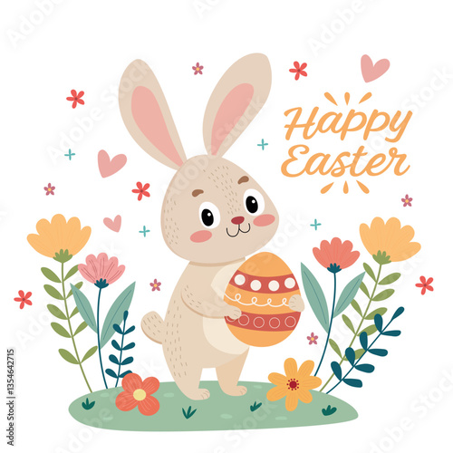 A rabbit holding an Easter egg in a field of flowers