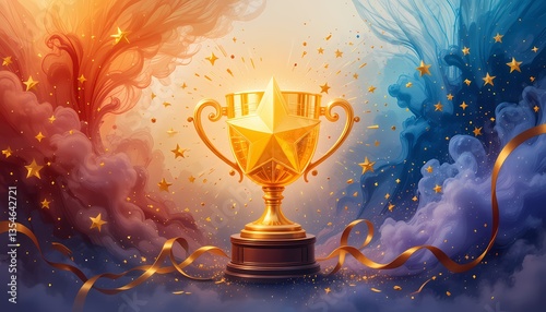 Golden Trophy Award with Stars and Ribbons, Award winning, achievement, success, victory, celebration