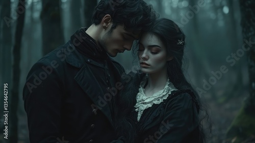 A couple stands closely together in a misty forest, their foreheads touching in an intimate embrace. The woman,