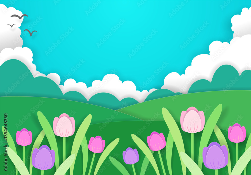 Paper-cut art style natural scenery paintings, colorful illustrations.