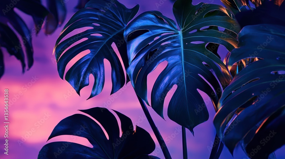 A beautifully outlined monstera leaf captured at dusk, its vibrant colors contrasted against a darkening sky. A beautifully outlined monstera leaf captured at dusk, its vibrant colors contrasted against a darkening sky.
