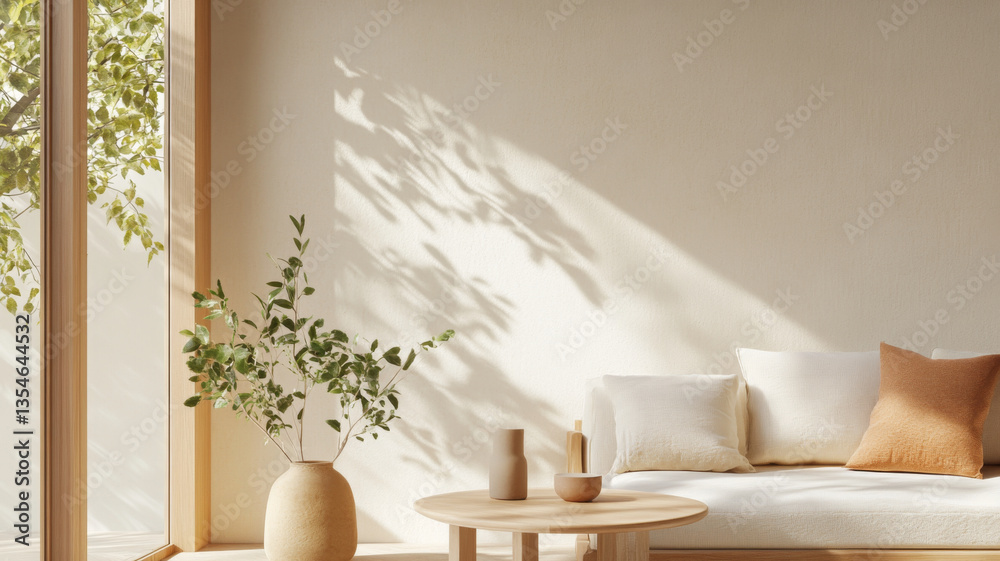 serene living room featuring light colored sofa, wooden table, and decorative plants. Natural light casts soft shadows, creating calming atmosphere