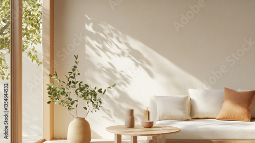 Obraz na płótnie serene living room featuring light colored sofa, wooden table, and decorative plants. Natural light casts soft shadows, creating calming atmosphere w salonie