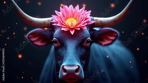 A striking close-up of a black cow adorned with a vibrant pink lotus flower on its head, set against a dreamy backdrop, creating a serene and mystical atmosphere.