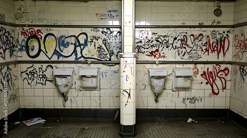 Graffiti-covered public restroom