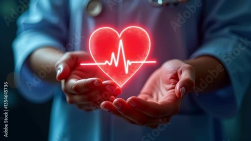 A healthcare professional holds a glowing red heart symbol with an electrocardiogram line, representing medical care, technology, and patient wellness in a modern environment.