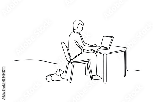 Singleline drawing man working laptop home office pet dog