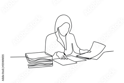 Single line drawing of businesswoman reviewing paperwork and files