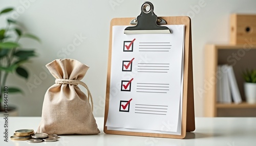 Financial checklist on clipboard next to a money bag symbolizing budgeting and management