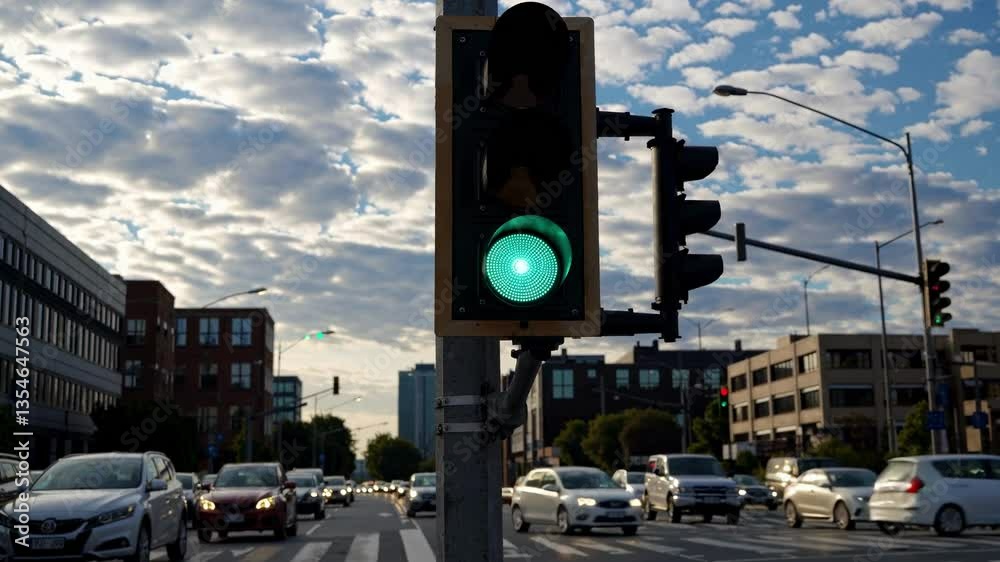 A low-angle video captures a green traffic light against a cloudy sky, with cars passing by, symbolizing urban movement and progress.