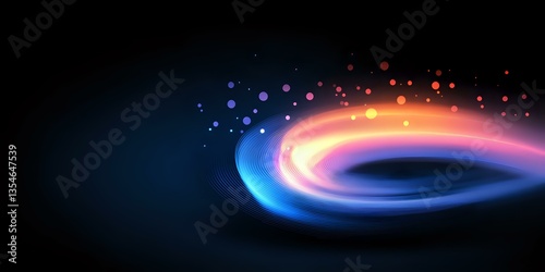 Glowing spiral light trail with colorful particles floating in dark space, creating dynamic motion effect. Abstract background for modern tech designs.