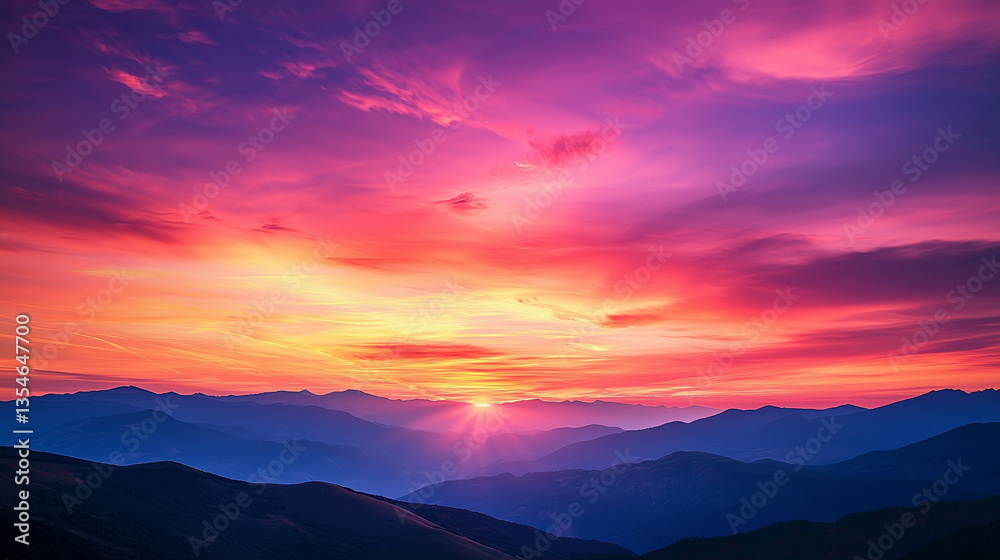 A vibrant sky during sunset, with a mix of deep orange, pink, and purple hues, casting a warm glow over a mountain range with soft clouds in the distance A vibrant sky during sunset, with a mix of deep orange, pink, and purple hues, casting a warm glow over a mountain range with soft clouds in the distance