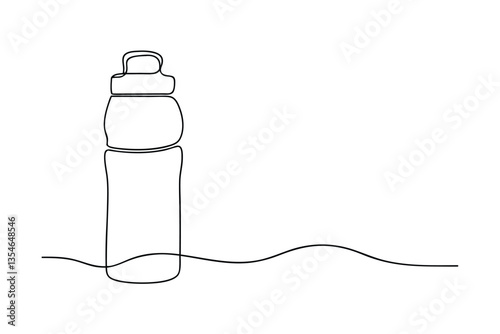 Single line drawing of a water bottle on a beach