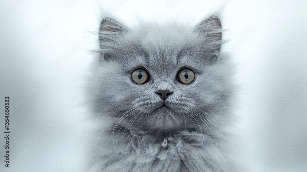 Adorable fluffy gray kitten with captivating amber eyes gazing curiously at the viewer against a soft backdrop Adorable fluffy gray kitten with captivating amber eyes gazing curiously at the viewer against a soft backdrop