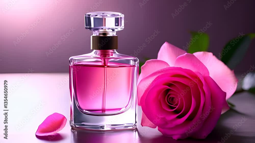 A clear glass bottle of perfume with a pink liquid sits beside a pink rose and a single petal. Both the bottle and the rose emit a soft, ethereal glow, highlighting the deli A clear glass bottle of perfume with a pink liquid sits beside a pink rose and a single petal. Both the bottle and the rose emit a soft, ethereal glow, highlighting the deli