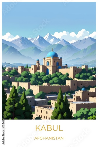 Kabul Afghanistan Travel Poster Flat Illustration Print Decor Gift Canvas Wall Art Gift