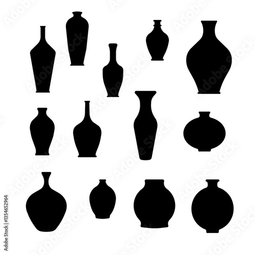 Silhouettes of the vases. Set of different vases. Black vase icons 
