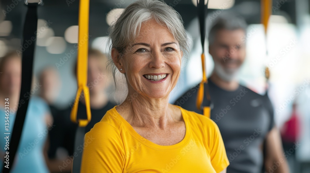 Obraz premium Smiling Woman Thriving Post Menopausal Fitness In Yellow Shirt With Group, Suspension Equipment Positive Environment For Long Term Health And Fitness