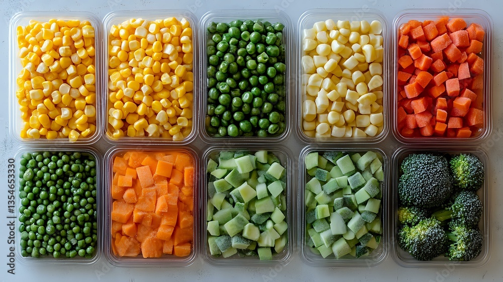 custom made wallpaper toronto digitalFresh cut vegetables and frozen corn in meal prep containers arranged in rows, including peas, carrots, broccoli and corn showing healthy food organization.
